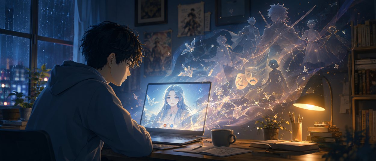 Ein junger Mensch sitzt vor einem Bildschirm, auf dem ein freundlich wirkender Anime-Avatar erscheint, während sanfte Fantasielichter und fragile Schatten eine ruhige Gesprächsszene bilden.