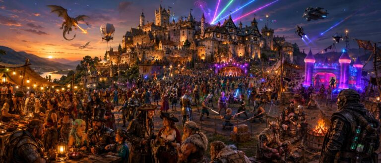 Ein großes Fantasy-Festival auf einer historischen Burg mit Hexen, Elfen, Jedi, Rittern, Piraten, Lagerfeuern und einer leuchtenden Hüpfburg im Endzeitlager.