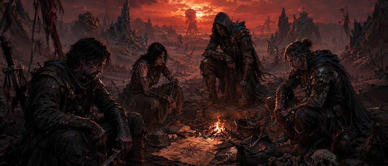 Eine Gruppe verfluchter Überlebender steht in einer dunklen Fantasy-Wüste, während Hunger, Monster und rötliche Magie die Szene bedrohlich aufladen.