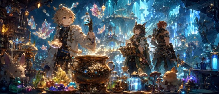 Eine junge Alchemistin steht mit Zauberkessel und leuchtenden Zutaten in einer geheimnisvollen Unterwelt, während magische Effekte, Tierohren und Erinnerungsfragmente um sie erscheinen.