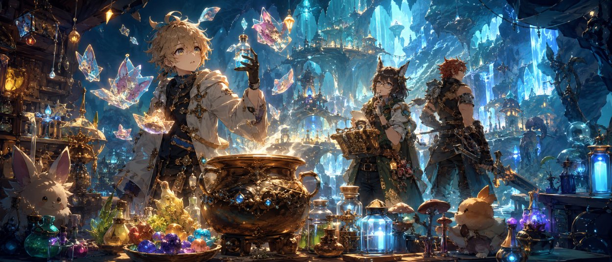 Eine junge Alchemistin steht mit Zauberkessel und leuchtenden Zutaten in einer geheimnisvollen Unterwelt, während magische Effekte, Tierohren und Erinnerungsfragmente um sie erscheinen.