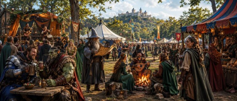 Fantasy-Fans in Gewändern, Rüstungen und Cosplay-Kostümen versammeln sich auf einem mittelalterlichen Festgelände mit Zelten, Fackeln und Waldkulisse.