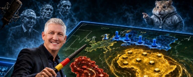 Sebastian Schweinsteiger steht in einem futuristischen TV-Studio vor einer magischen Taktiktafel, auf der Afrika als goldener Wirbel, Europa als blaue Formation und Südamerika als roter Dribbelstrom dargestellt sind, während er einen schwarz-rot-goldenen Teigestock hält und ein Hamster-Bundestrainer aus dem Nebel zeigt.