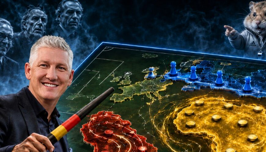 Sebastian Schweinsteiger steht in einem futuristischen TV-Studio vor einer magischen Taktiktafel, auf der Afrika als goldener Wirbel, Europa als blaue Formation und Südamerika als roter Dribbelstrom dargestellt sind, während er einen schwarz-rot-goldenen Teigestock hält und ein Hamster-Bundestrainer aus dem Nebel zeigt.