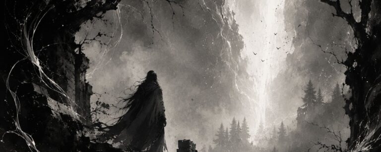 Monochrome Black-Metal-Fantasylandschaft mit einer einsamen Gestalt am Rand eines dunklen Waldes, die auf ein fernes, helles Licht zwischen Nebel und Schatten blickt.