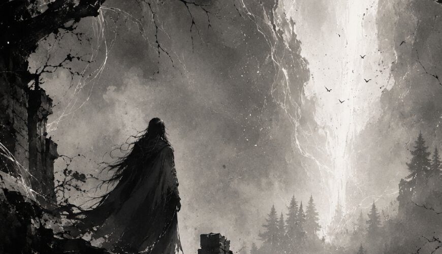 Monochrome Black-Metal-Fantasylandschaft mit einer einsamen Gestalt am Rand eines dunklen Waldes, die auf ein fernes, helles Licht zwischen Nebel und Schatten blickt.