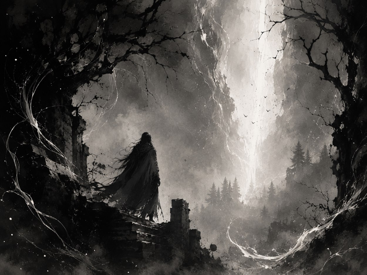Monochrome Black-Metal-Fantasylandschaft mit einer einsamen Gestalt am Rand eines dunklen Waldes, die auf ein fernes, helles Licht zwischen Nebel und Schatten blickt.
