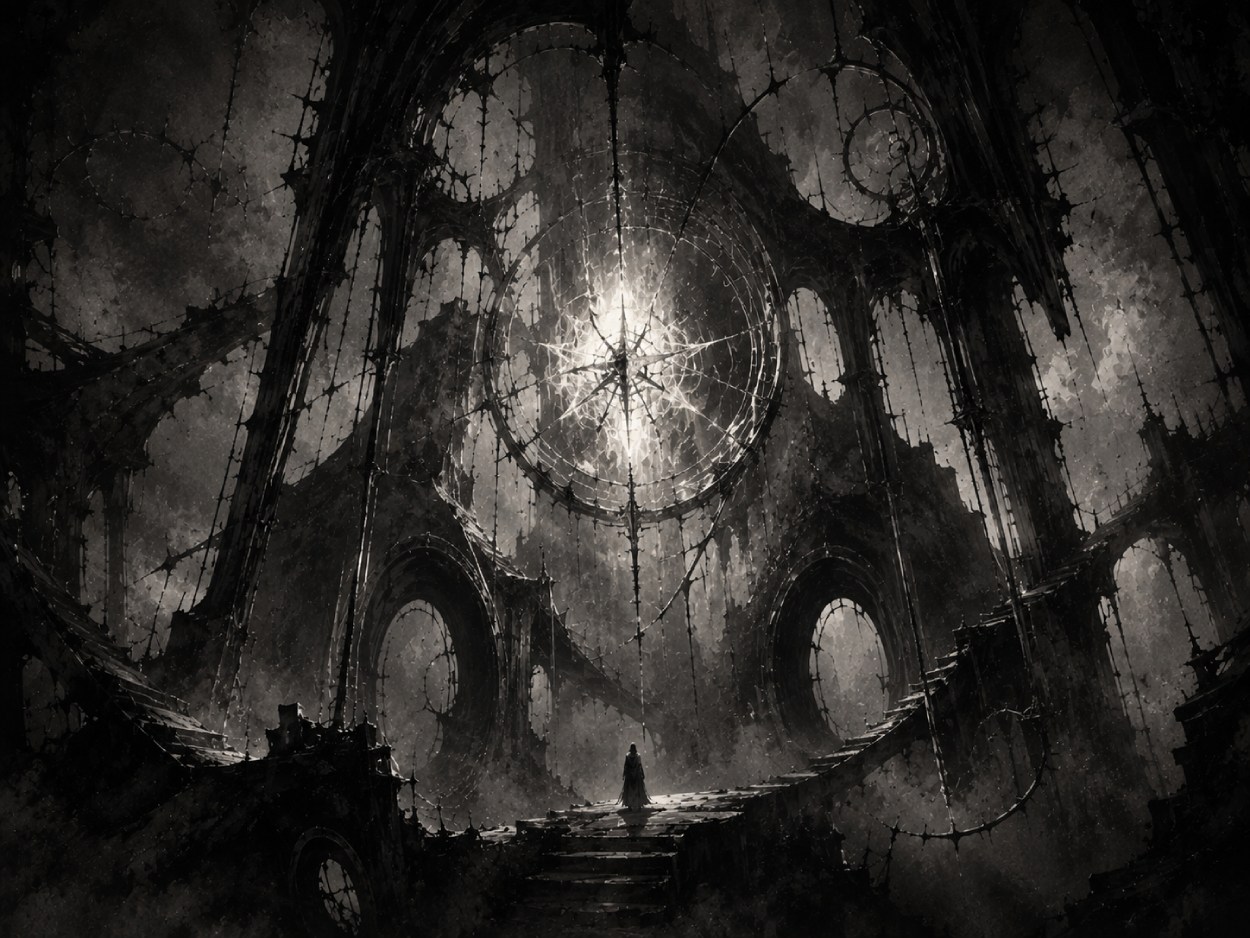 Abstrakte schwarzweiße Black-Metal-Kathedrale mit verzerrten Bögen, gebrochenen Säulen, geometrischem Lichtkern und einer winzigen Gestalt im Inneren.