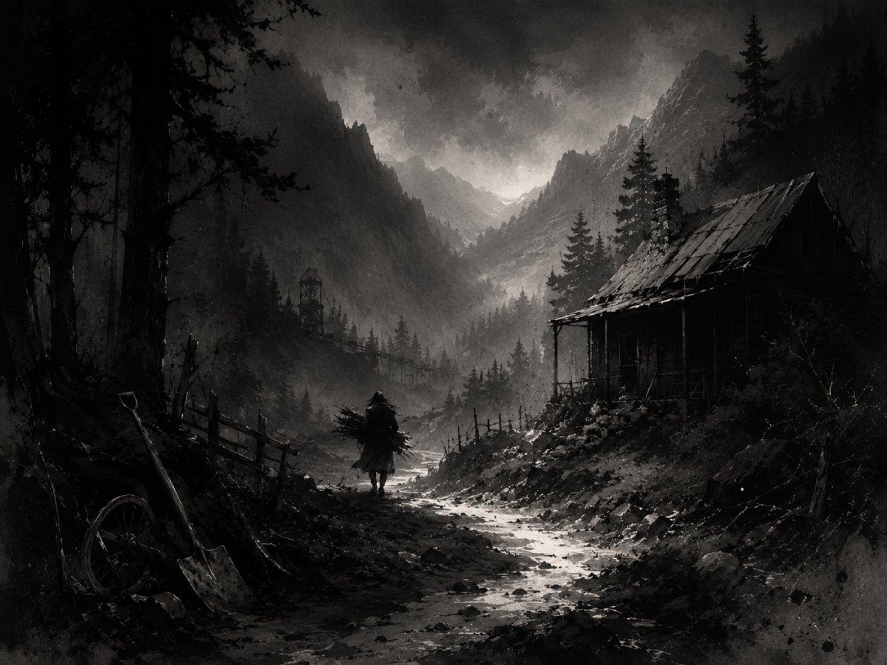 Schwarzweiße Landschaft mit Waldhang, alter Hütte, feuchter Erde, verlassenen Werkzeugen und einer kleinen Gestalt in einer rauen Berglandschaft.
