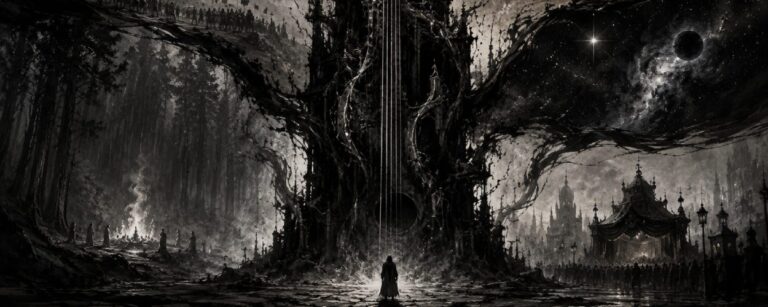 Schwarzweiße Black-Metal-Fantasylandschaft mit einem riesigen Klang-Monolithen, aus dem verschiedene Reiche, Wälder, Festungen, Sterne und Theaterwelten hervorgehen.