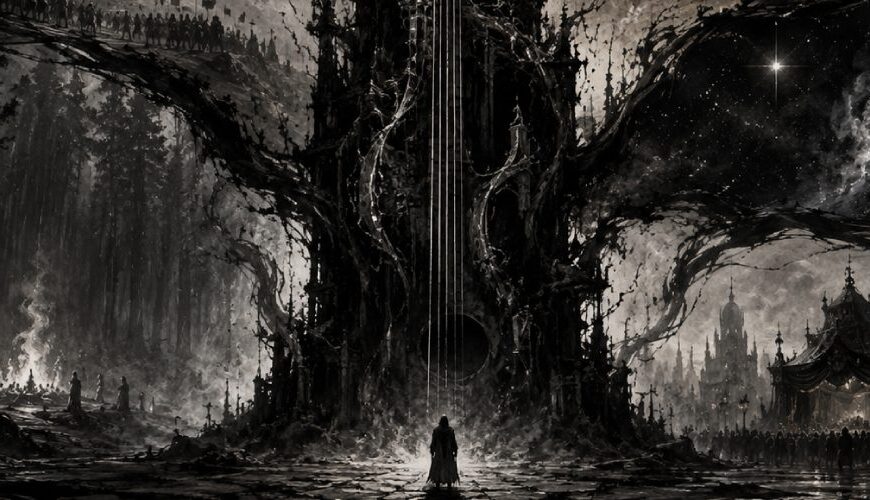 Schwarzweiße Black-Metal-Fantasylandschaft mit einem riesigen Klang-Monolithen, aus dem verschiedene Reiche, Wälder, Festungen, Sterne und Theaterwelten hervorgehen.