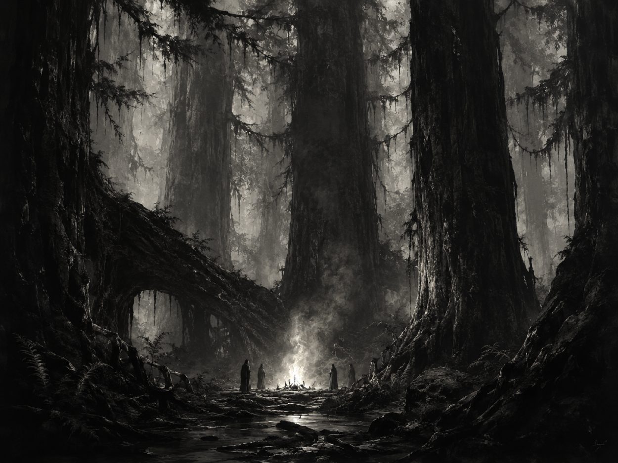 Dunkle schwarzweiße Karte auf einem alten Tisch mit Laterne, Lupe, Fäden, Markierungen und gezeichneten Black-Metal-Landschaften in einer ruinierten Halle.