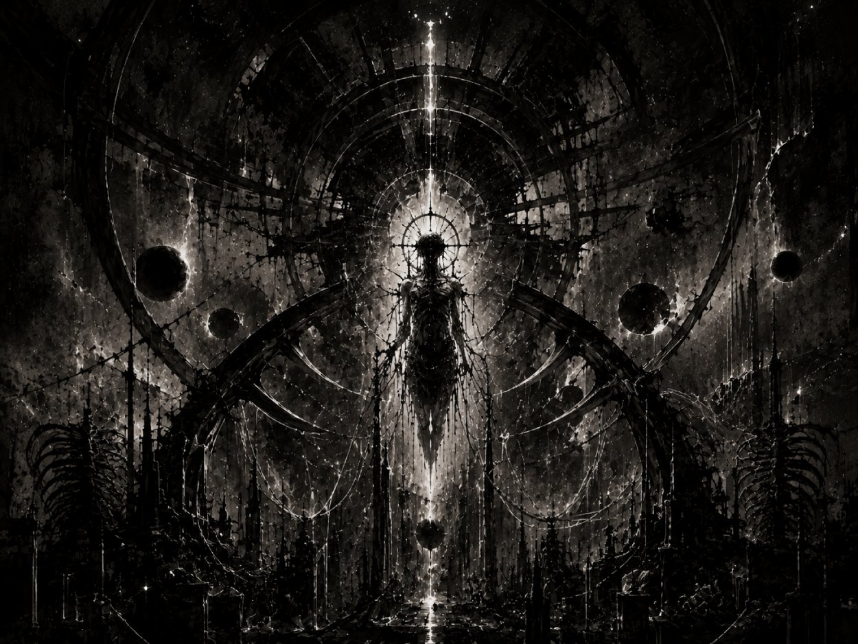Abstrakte monochrome Zukunftskathedrale aus Sternenleere, mechanischen Rippen, Kabeln, Knochenformen und einer schwebenden menschlichen Silhouette.