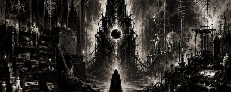 Monochrome Black-Metal-Halle zwischen Archiv und Versuchskammer mit alten Verstärkern, Tapes, Kerzen, Kabeln, Klangmaschinen und einem dunklen Monolithen in der Mitte.