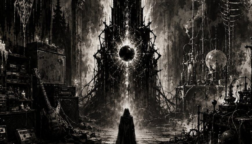 Monochrome Black-Metal-Halle zwischen Archiv und Versuchskammer mit alten Verstärkern, Tapes, Kerzen, Kabeln, Klangmaschinen und einem dunklen Monolithen in der Mitte.