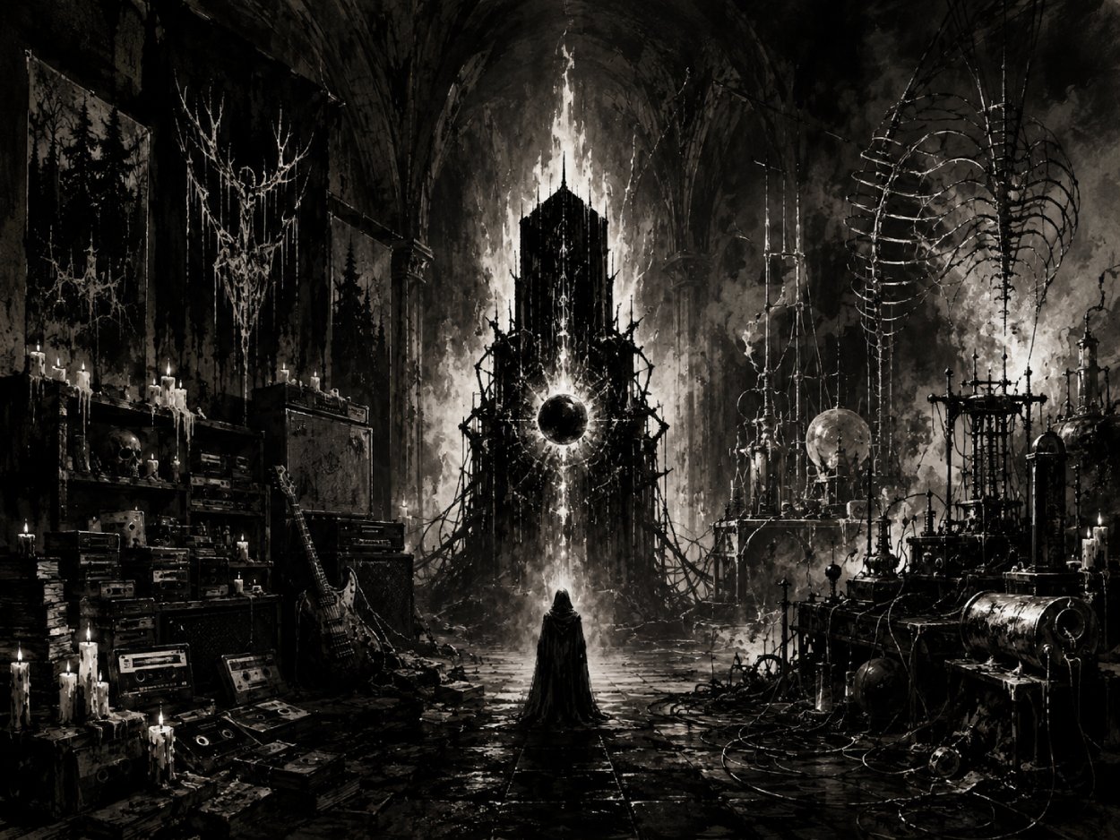 Monochrome Black-Metal-Halle zwischen Archiv und Versuchskammer mit alten Verstärkern, Tapes, Kerzen, Kabeln, Klangmaschinen und einem dunklen Monolithen in der Mitte.