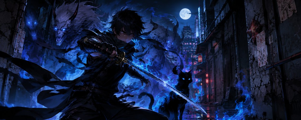 Ein junger Ninja steht nachts mit gezückter Klinge in einer dunklen Stadtgasse, während eine schwarze Mononoke-Katze und dämonische Schatten hinter ihm erscheinen.