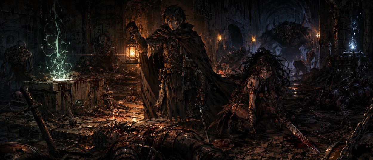 Ein düsterer Abenteurer steht mit einer wilden Schwertkämpferin in einem tödlichen Dungeon voller Leichen, Monster und flackernder Fackeln.