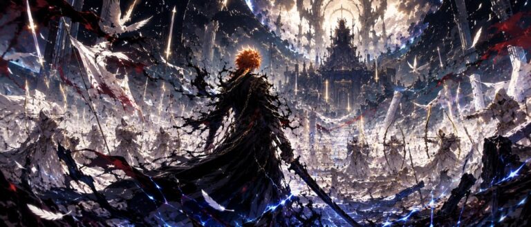 Ein orangehaariger Schwertkämpfer steht vor einem zerbrochenen Himmelstor, während Seelenkrieger und Schattenarmeen in weißem Licht aufeinandertreffen.