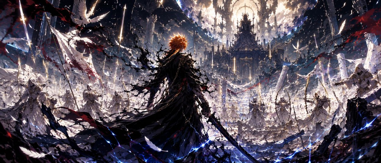Ein orangehaariger Schwertkämpfer steht vor einem zerbrochenen Himmelstor, während Seelenkrieger und Schattenarmeen in weißem Licht aufeinandertreffen.