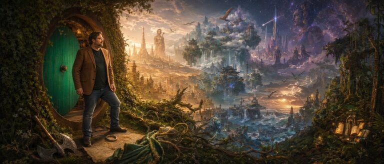 Ein Fantasy-Autor steht vor einer alten runden Hobbittür, während dahinter viele neue magische Welten aus unterschiedlichen Mythen aufleuchten.