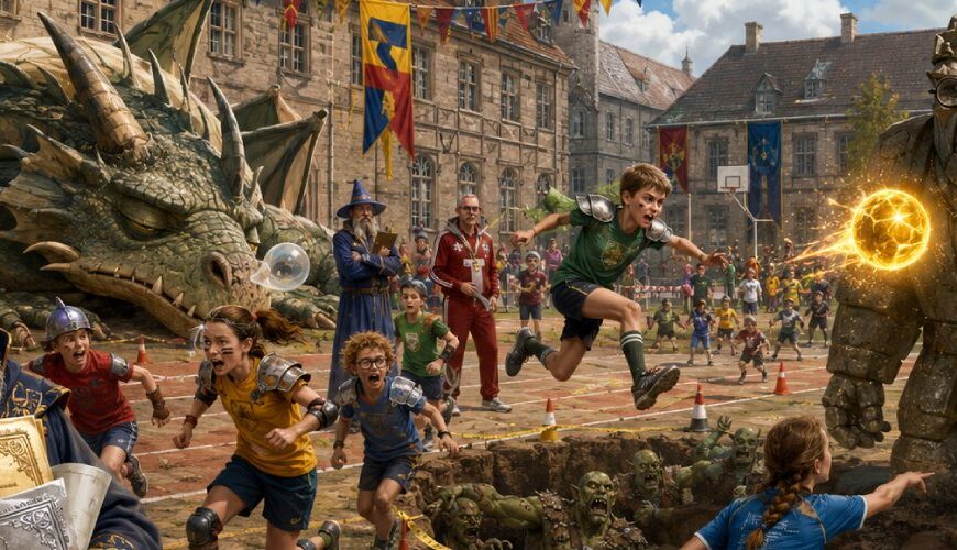 Fantastische Bundesjugendspiele in den Zwischenreichen mit Kindern beim Drachenlauf, Orkgraben-Weitsprung und Urkundenmeister