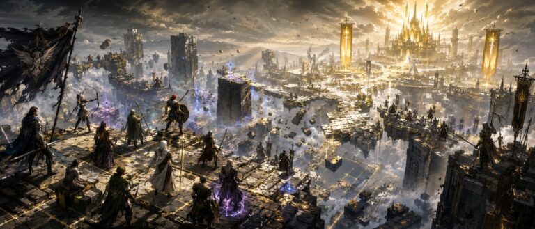 Eine Rebellentruppe steht auf einem isometrischen Fantasy-Schlachtfeld in Westalia, während Lichtmagie, gebrochene Realität und ein tyrannischer König im Hintergrund erscheinen.