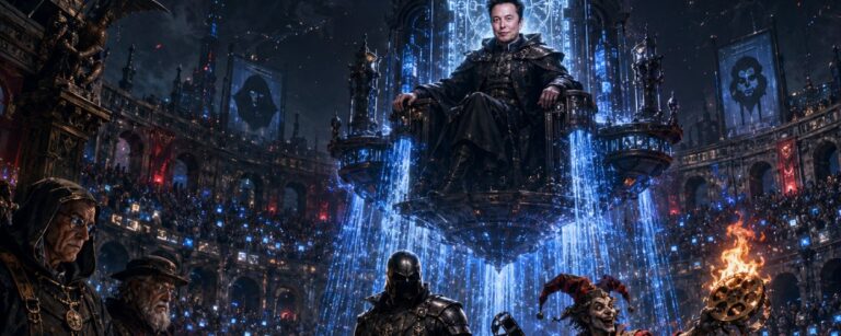 Digitale Fantasy-Arena mit Elon-Musk-artigem Plattformfürsten, schwarzem Selbstjustizritter, Hofnarr mit brennender Filmrolle und Prüfgilde vor jubelnder Menge.