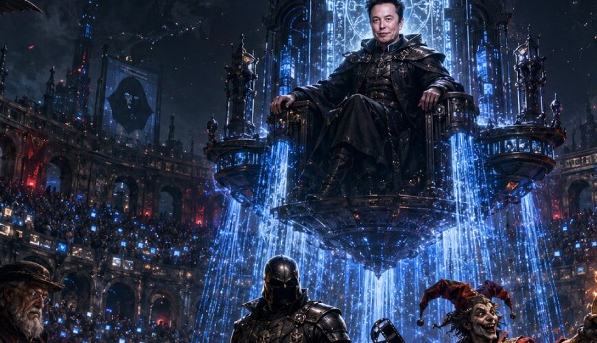 Digitale Fantasy-Arena mit Elon-Musk-artigem Plattformfürsten, schwarzem Selbstjustizritter, Hofnarr mit brennender Filmrolle und Prüfgilde vor jubelnder Menge.