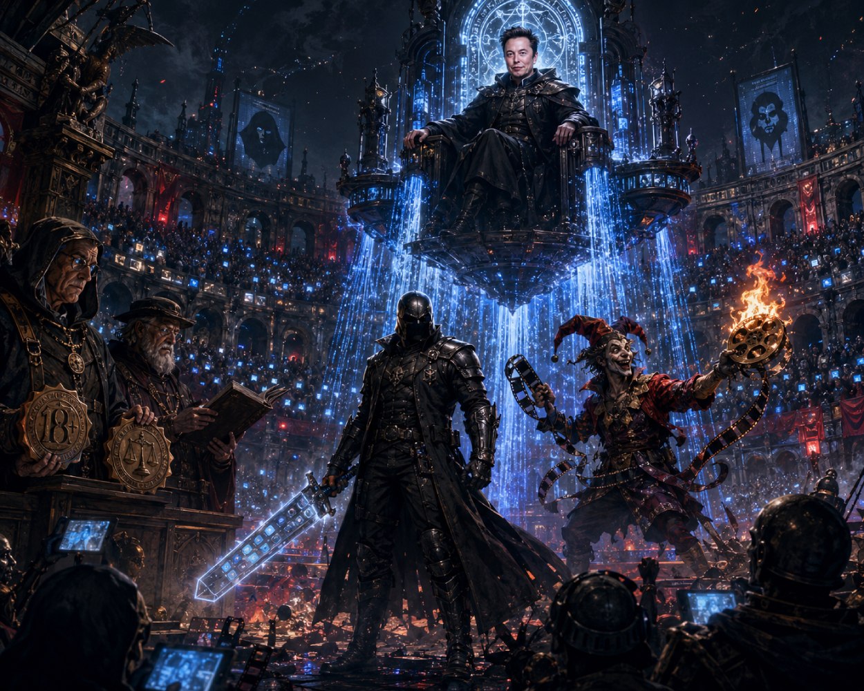Digitale Fantasy-Arena mit Elon-Musk-artigem Plattformfürsten, schwarzem Selbstjustizritter, Hofnarr mit brennender Filmrolle und Prüfgilde vor jubelnder Menge.