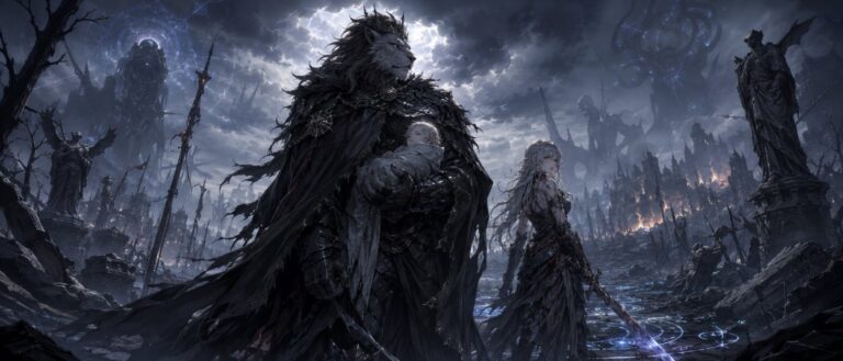 Ein düsterer Bestienkönig steht in einer zerstörten Fantasywelt, während eine wiederbelebte Heldin und ein Waisenbaby im Schatten einer drohenden Apokalypse erscheinen.