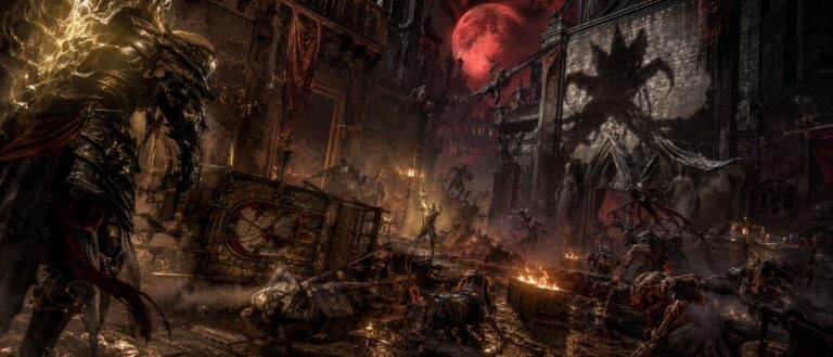 Ein mächtiger Nephilim-Krieger steht in einer dämonenverseuchten Renaissance-Stadt vor einer gewaltigen Kathedrale, während rote Mondlichter und infernalische Kreaturen die Szene aufladen.