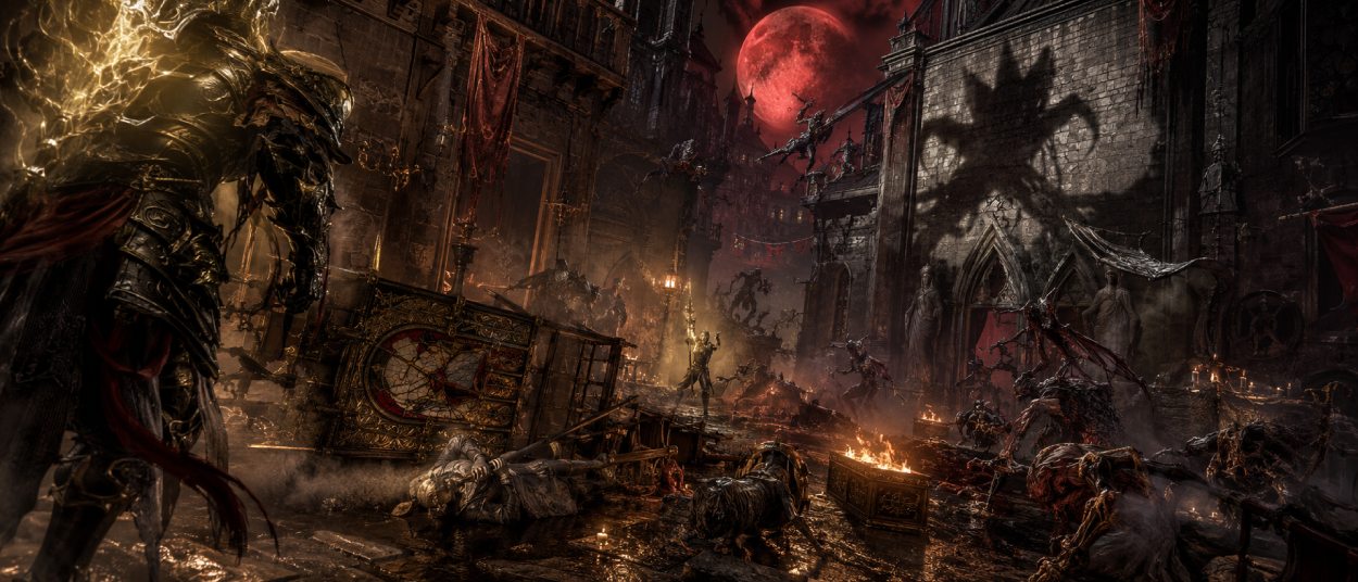 Ein mächtiger Nephilim-Krieger steht in einer dämonenverseuchten Renaissance-Stadt vor einer gewaltigen Kathedrale, während rote Mondlichter und infernalische Kreaturen die Szene aufladen.