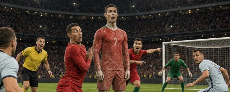 Portugiesische Fußballer und ihre Gegner starren fassungslos auf Cristiano Ronaldo, der mitten im Angriff wie eine steinerne Statue vor dem Tor steht.