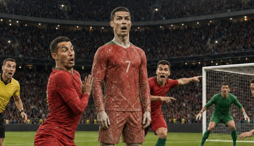 Portugiesische Fußballer und ihre Gegner starren fassungslos auf Cristiano Ronaldo, der mitten im Angriff wie eine steinerne Statue vor dem Tor steht.