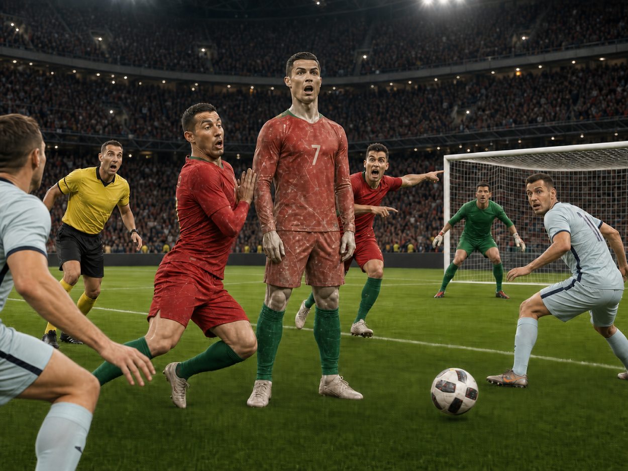 Portugiesische Fußballer und ihre Gegner starren fassungslos auf Cristiano Ronaldo, der mitten im Angriff wie eine steinerne Statue vor dem Tor steht.