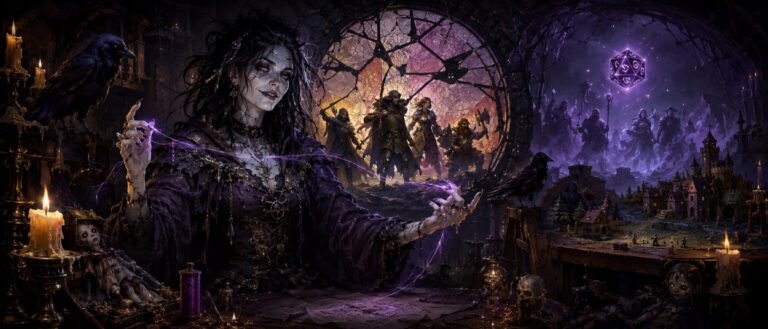 Eine untote Hexe steht in einem dunklen Keller, während im Hintergrund eine Fantasy-Abenteurergruppe und magische Würfel zu sehen sind.