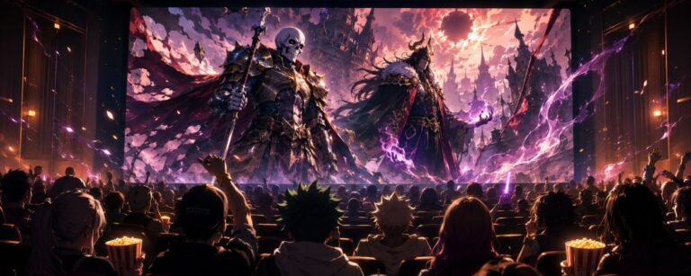 Ein großer Kinosaal mit leuchtender Anime-Leinwand, davor Silhouetten von Fantasy-Fans, während ein Skelettritter und ein dunkler Dämonenkönig als gewaltige Projektionen erscheinen.