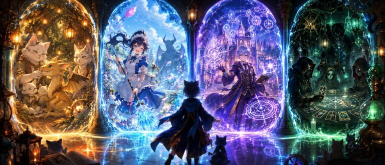 Eine magische Katze, ein junger Drache, eine Fantasy-Maid, ein Magieweiser und ein okkulter Tarot-Kreis erscheinen aus mehreren Streaming-Portalen.