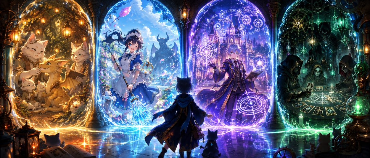 Eine magische Katze, ein junger Drache, eine Fantasy-Maid, ein Magieweiser und ein okkulter Tarot-Kreis erscheinen aus mehreren Streaming-Portalen.