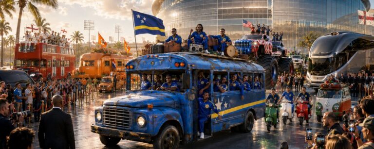 Satirische Illustration von Curaçaos Nationalteam, das in einem alten blauen Schulbus vor einem modernen WM-Stadion ankommt.