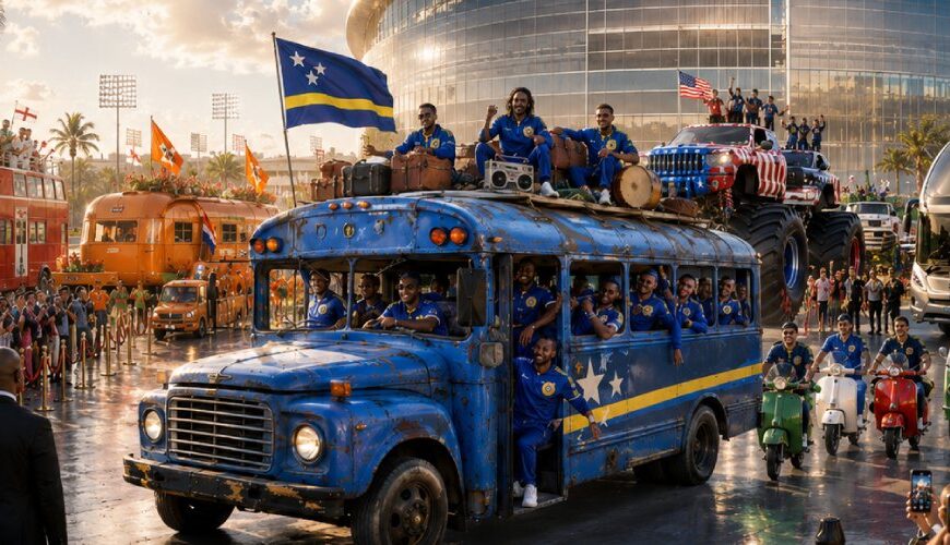 Satirische Illustration von Curaçaos Nationalteam, das in einem alten blauen Schulbus vor einem modernen WM-Stadion ankommt.