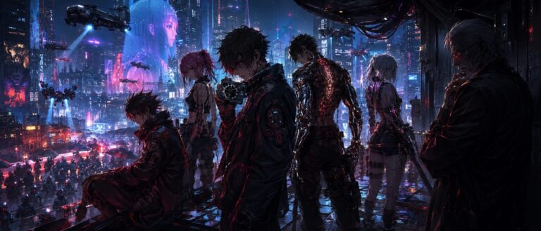 Eine neue Edgerunner-Crew steht in einer regennassen Neonstadt, während Megakonzerne, Implantate und rote Warnlichter über Night City aufragen.