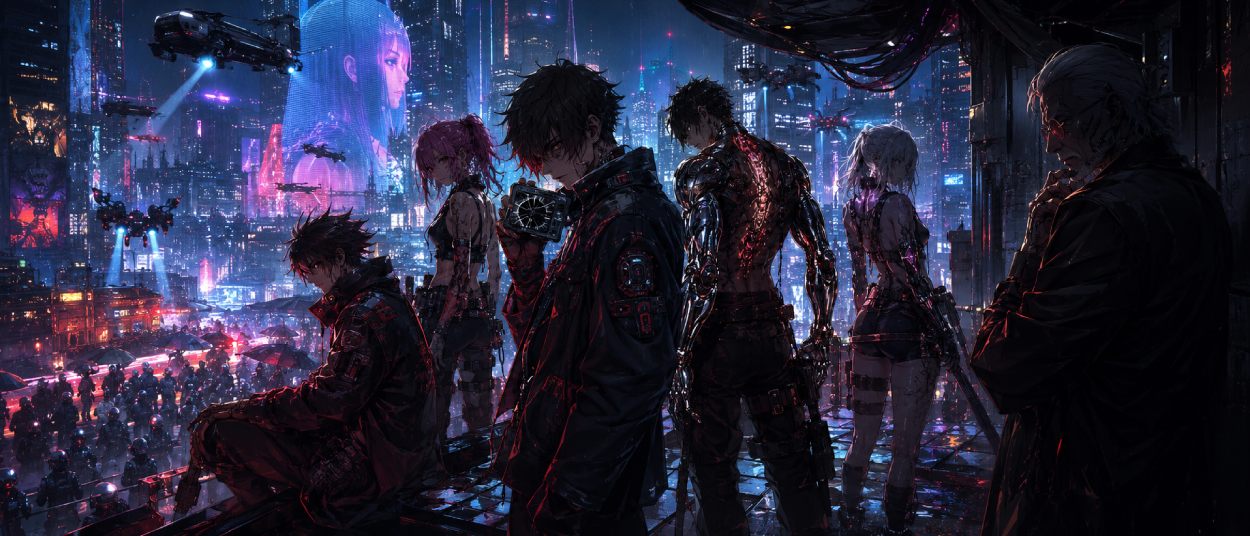 Eine neue Edgerunner-Crew steht in einer regennassen Neonstadt, während Megakonzerne, Implantate und rote Warnlichter über Night City aufragen.
