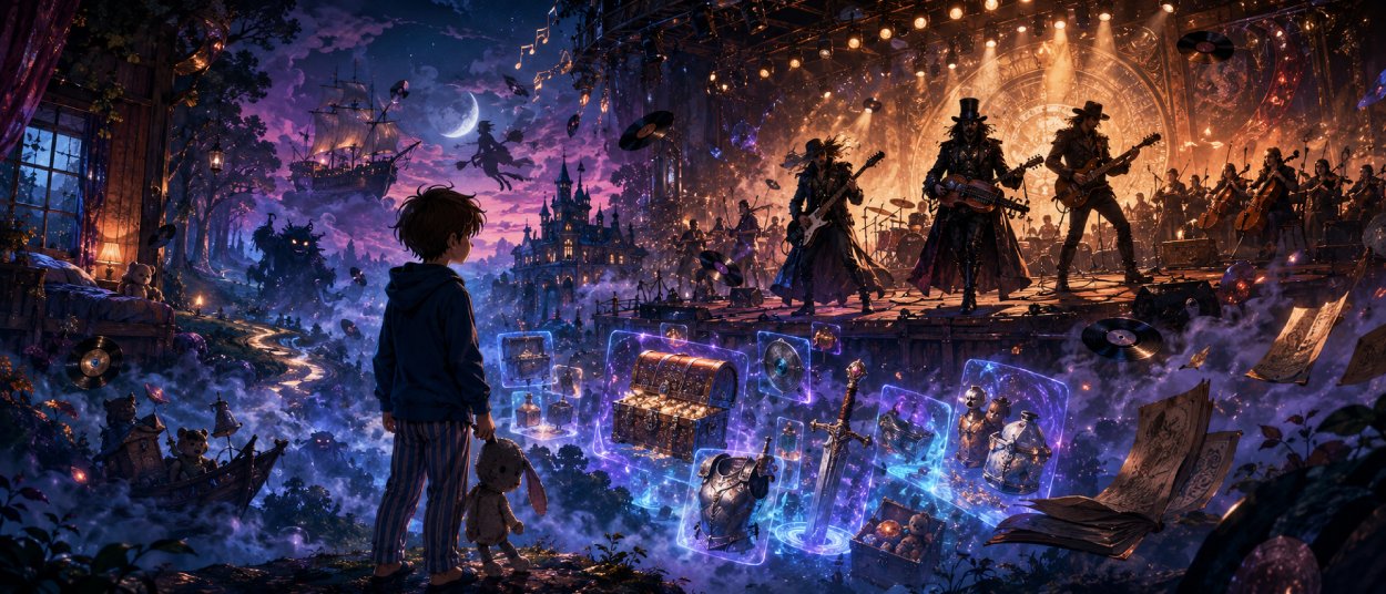 Ein Junge steht in einer magischen Nebelwelt zwischen Rockbühne, Drehleier, Orchesterlichtern und schimmernden Kindheitserinnerungen.
