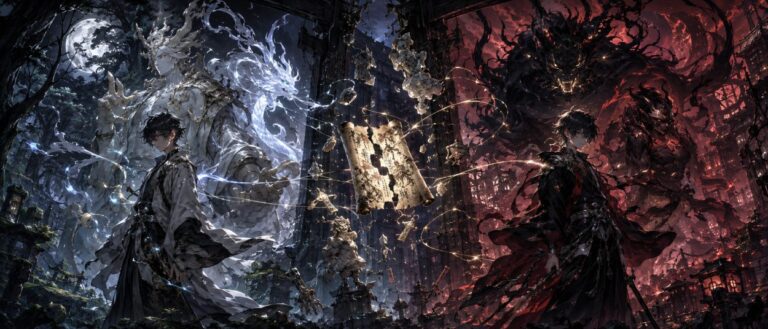 Zwei getrennte Zwillinge stehen in einer düsteren Fantasywelt, während übernatürliche Daemon-Paare aus Licht und Schatten hinter ihnen erscheinen.