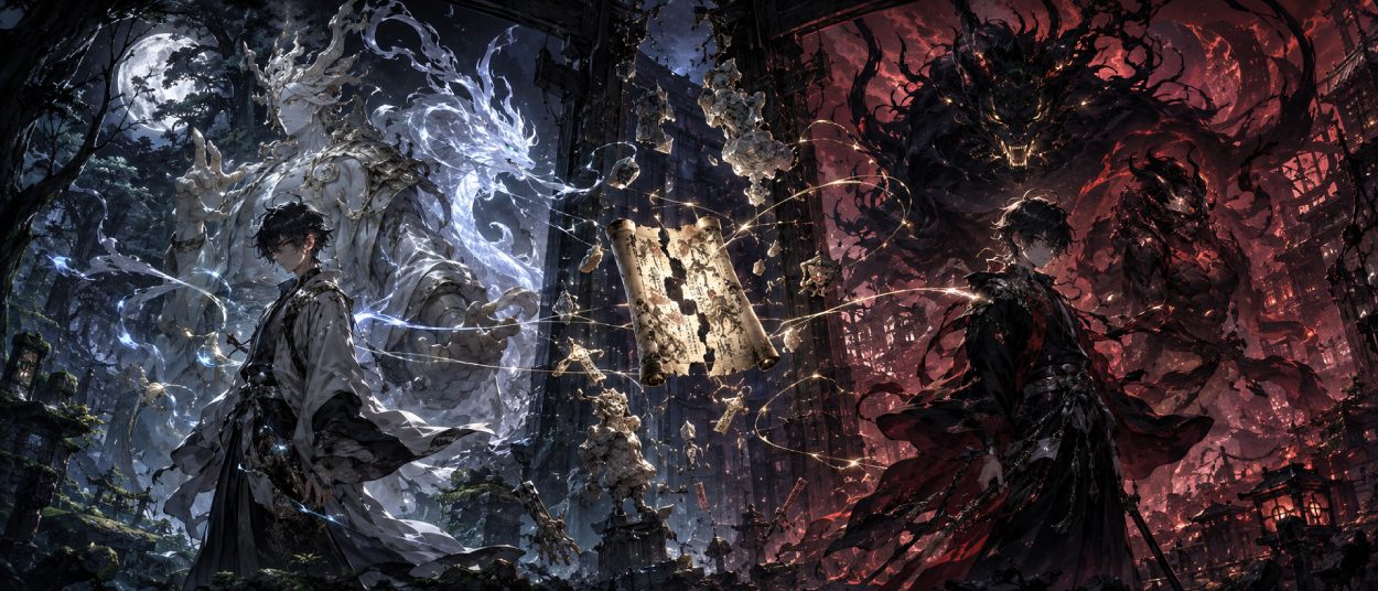 Zwei getrennte Zwillinge stehen in einer düsteren Fantasywelt, während übernatürliche Daemon-Paare aus Licht und Schatten hinter ihnen erscheinen.
