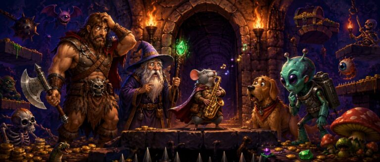 Eine schräge Fantasy-Heldengruppe mit Krieger, Magier, Hund, Alien und saxofonspielender Ratte kämpft in einem Pixel-Dungeon.