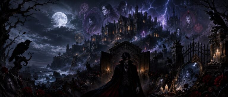 Ein gotisches Herrenhaus steht im Nebel, während ein eleganter Vampirschatten vor erleuchteten Fenstern und alten Familienporträts erscheint.