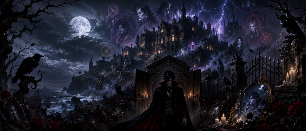 Ein gotisches Herrenhaus steht im Nebel, während ein eleganter Vampirschatten vor erleuchteten Fenstern und alten Familienporträts erscheint.